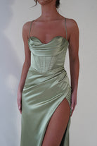 Julianne Corset Satin Gown | Sage | Debs & Prom | Formal Gown | Oh Hello Clothing
