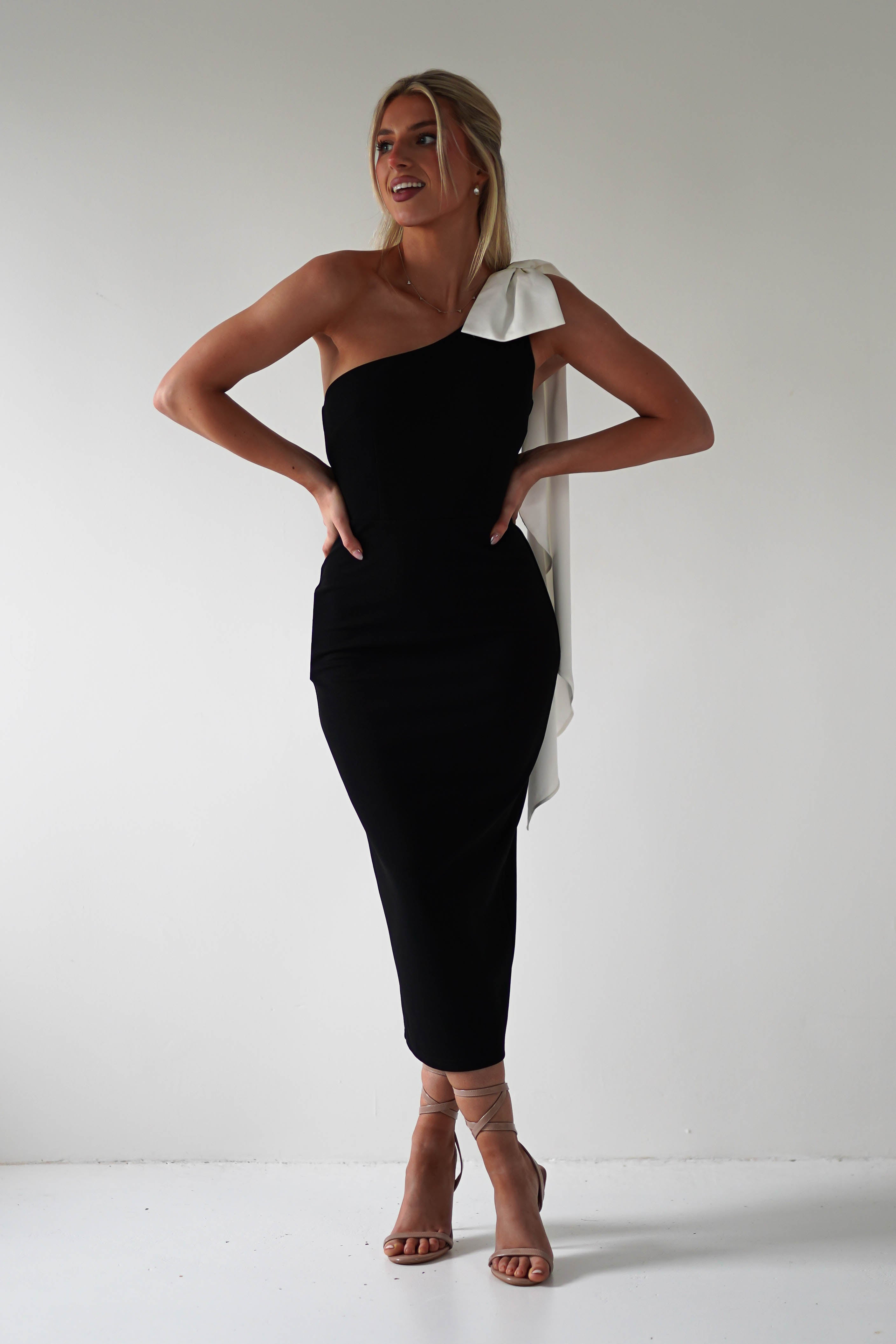 Camella Bodycon Bow Detail Midi Dress | Black