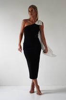 Camella Bodycon Bow Detail Midi Dress Black | Wedding Guest Dress | Bodycon | Midi | Oh Hello Clothing