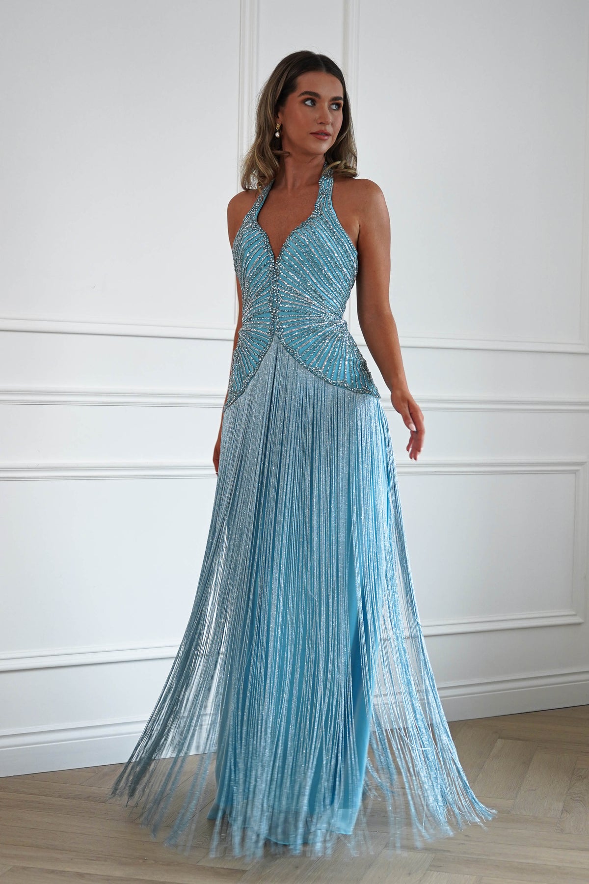 Oh Hello Clothing Women > Clothing > Dresses Cary Crystal Embellished Fringe Gown | Blue