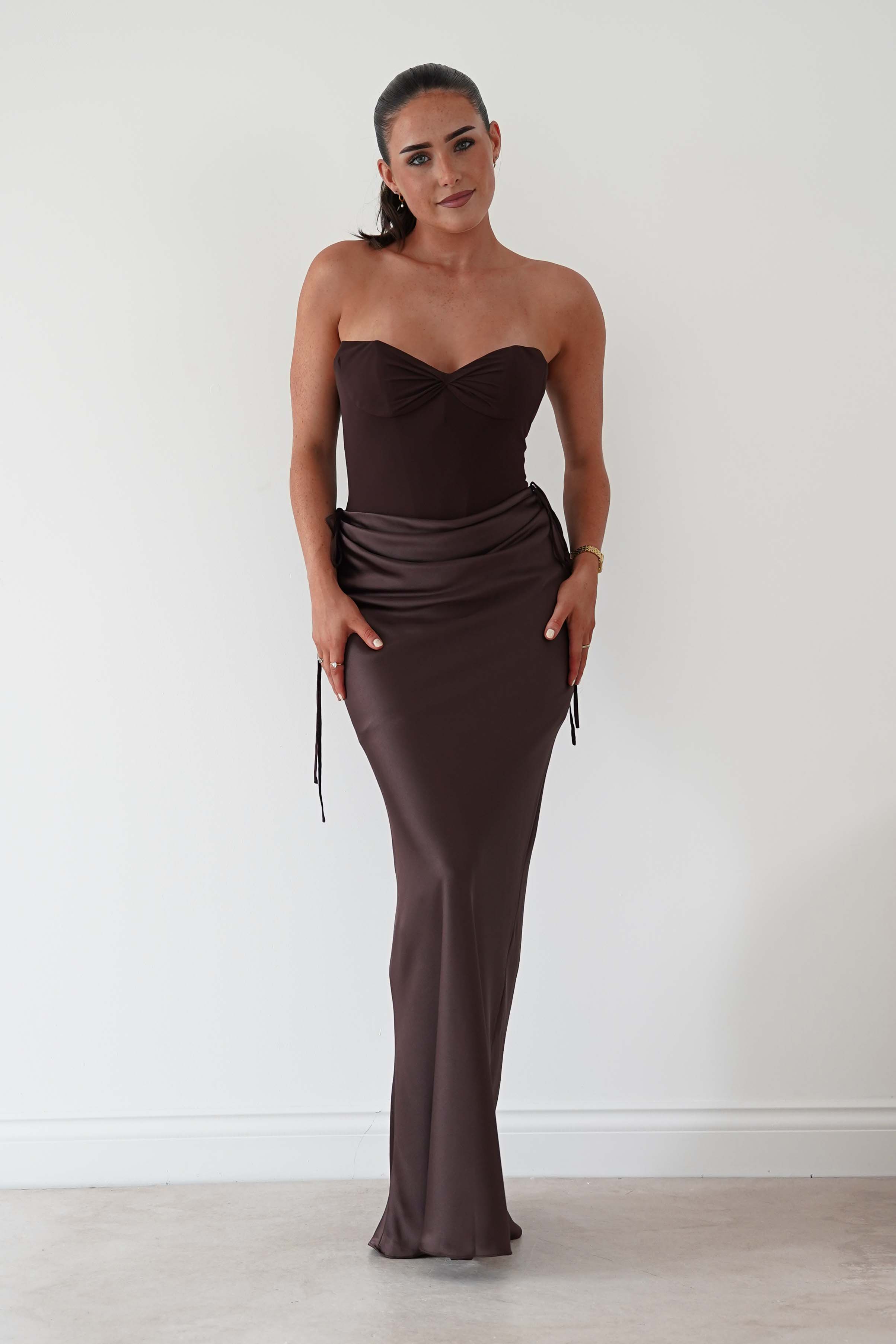 Oh Hello Clothing Dresses > Prom Dresses Cassie Strapless Corset Maxi Dress | Brown