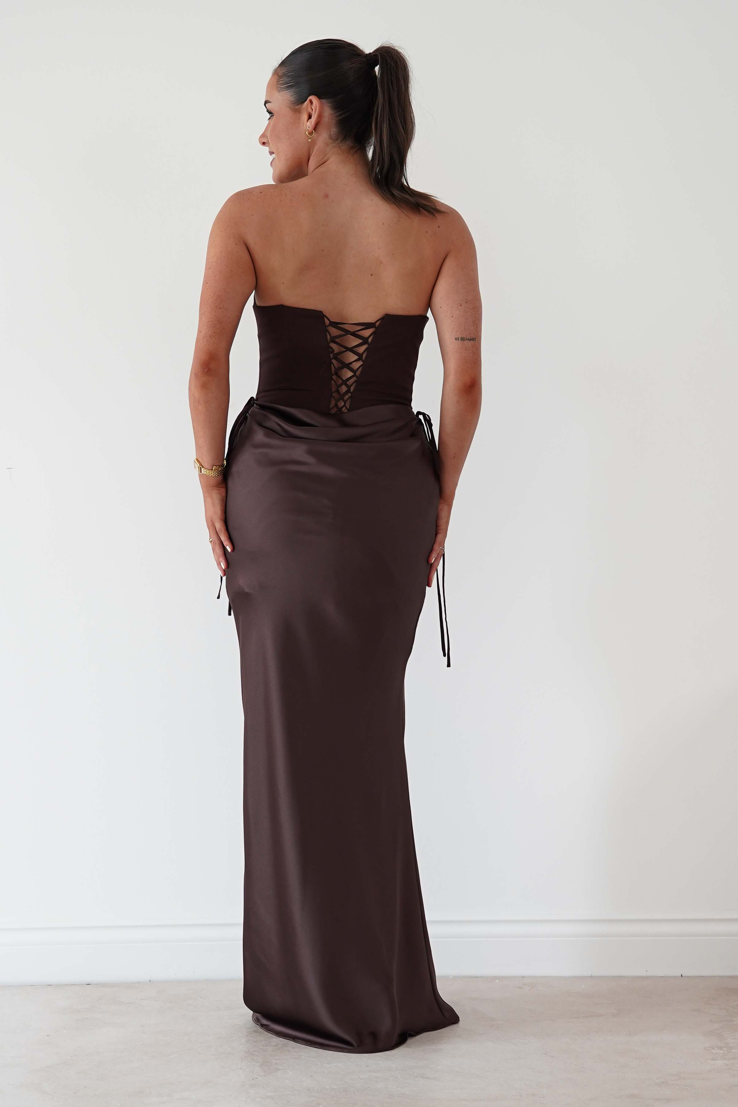 Oh Hello Clothing Dresses > Prom Dresses Cassie Strapless Corset Maxi Dress | Brown