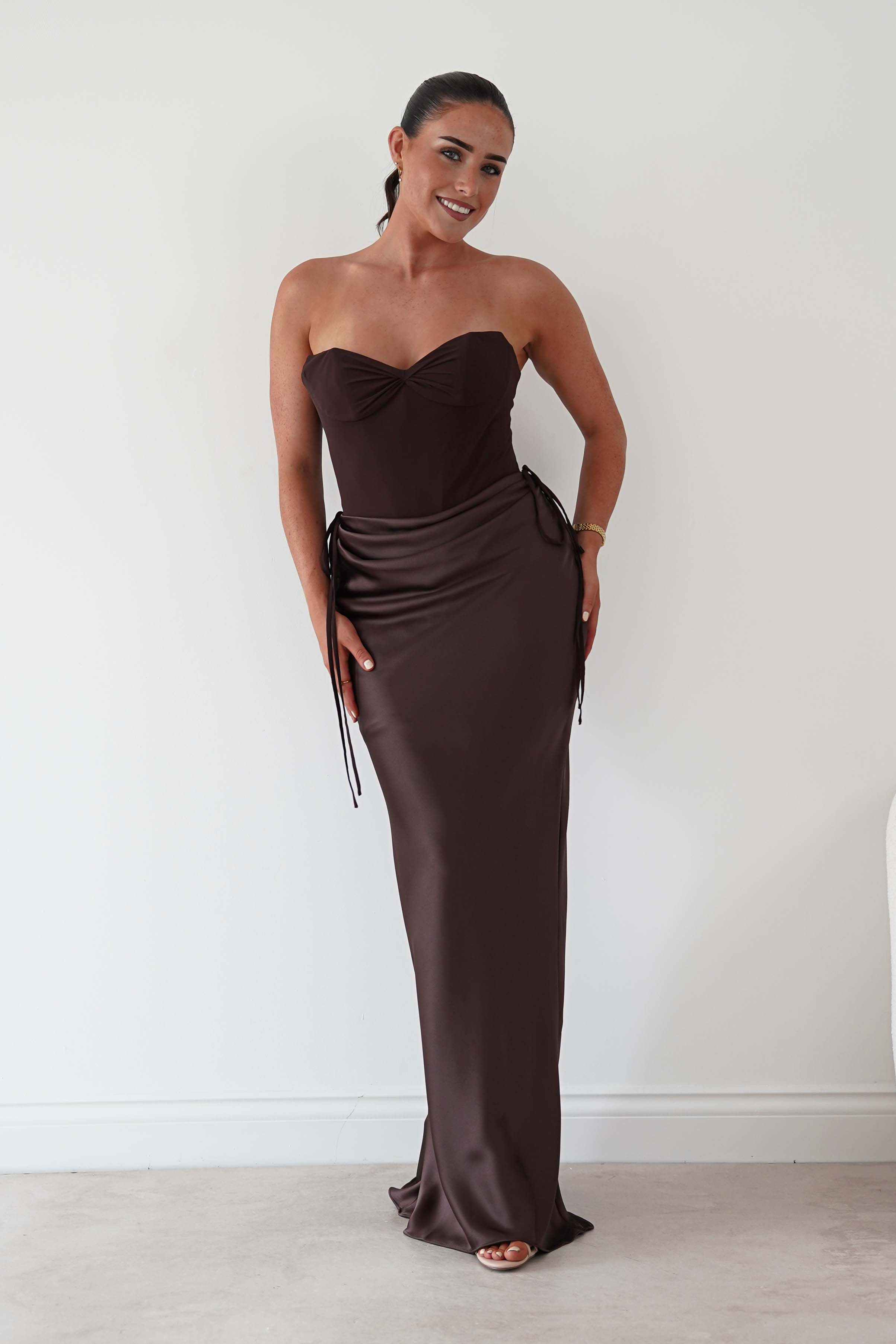 Oh Hello Clothing Dresses > Prom Dresses Cassie Strapless Corset Maxi Dress | Brown