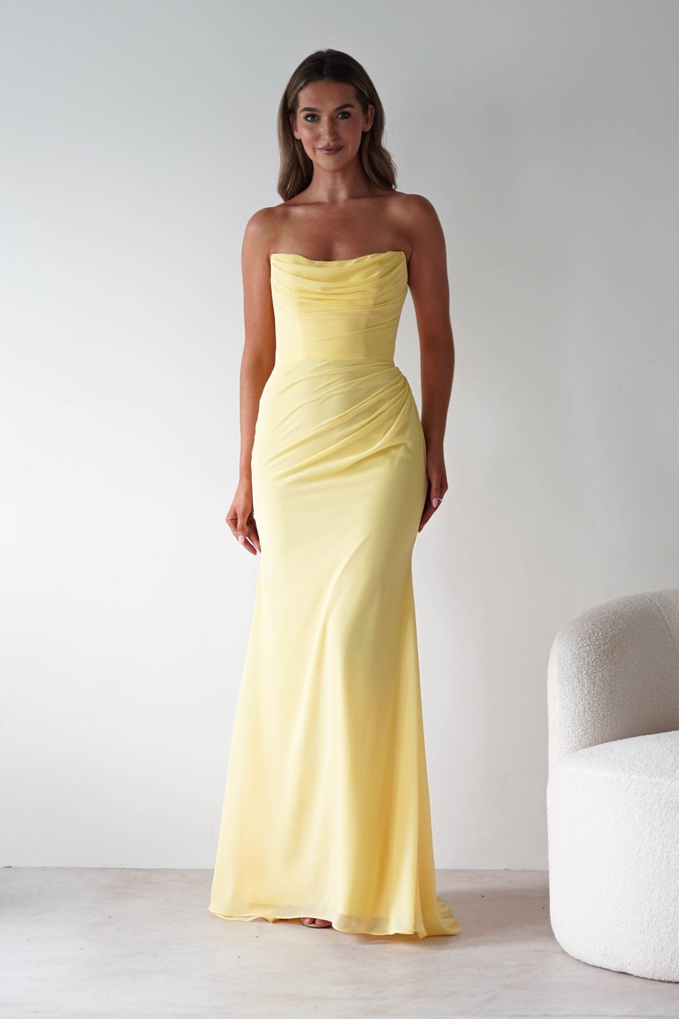 Caterina Strapless Chiffon Maxi Dress | Yellow | Oh Hello Clothing | XS (6)