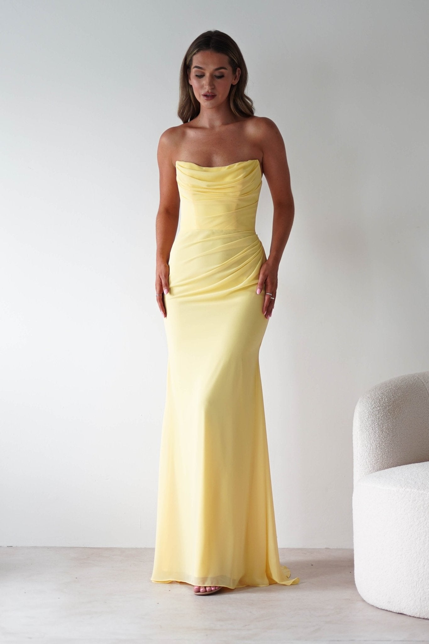 Caterina Strapless Chiffon Maxi Dress | Yellow | Oh Hello Clothing | XS (6)