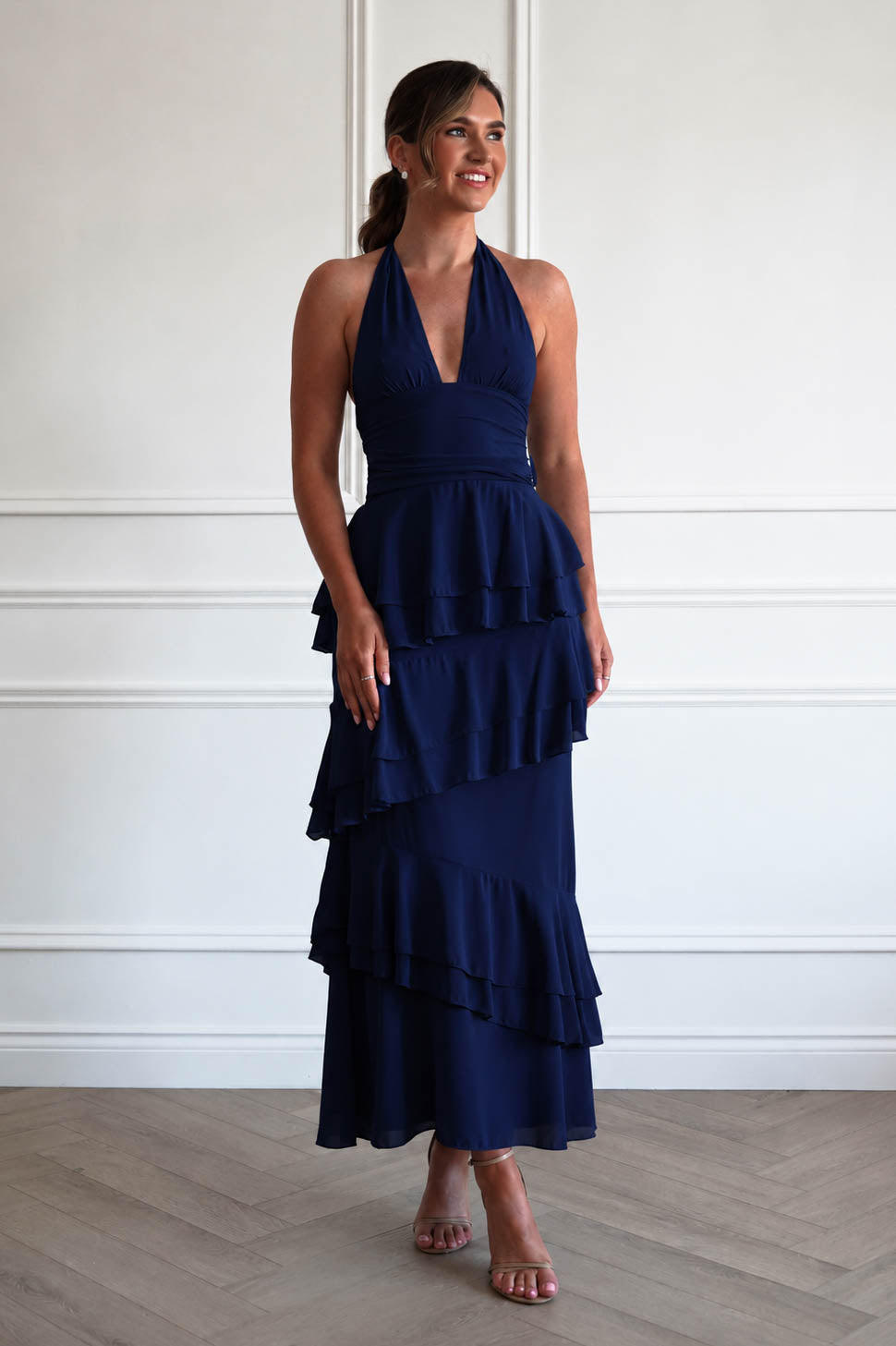 Oh Hello Clothing Women > Clothing > Dresses Caterina Tiered Halter Maxi Dress | Navy