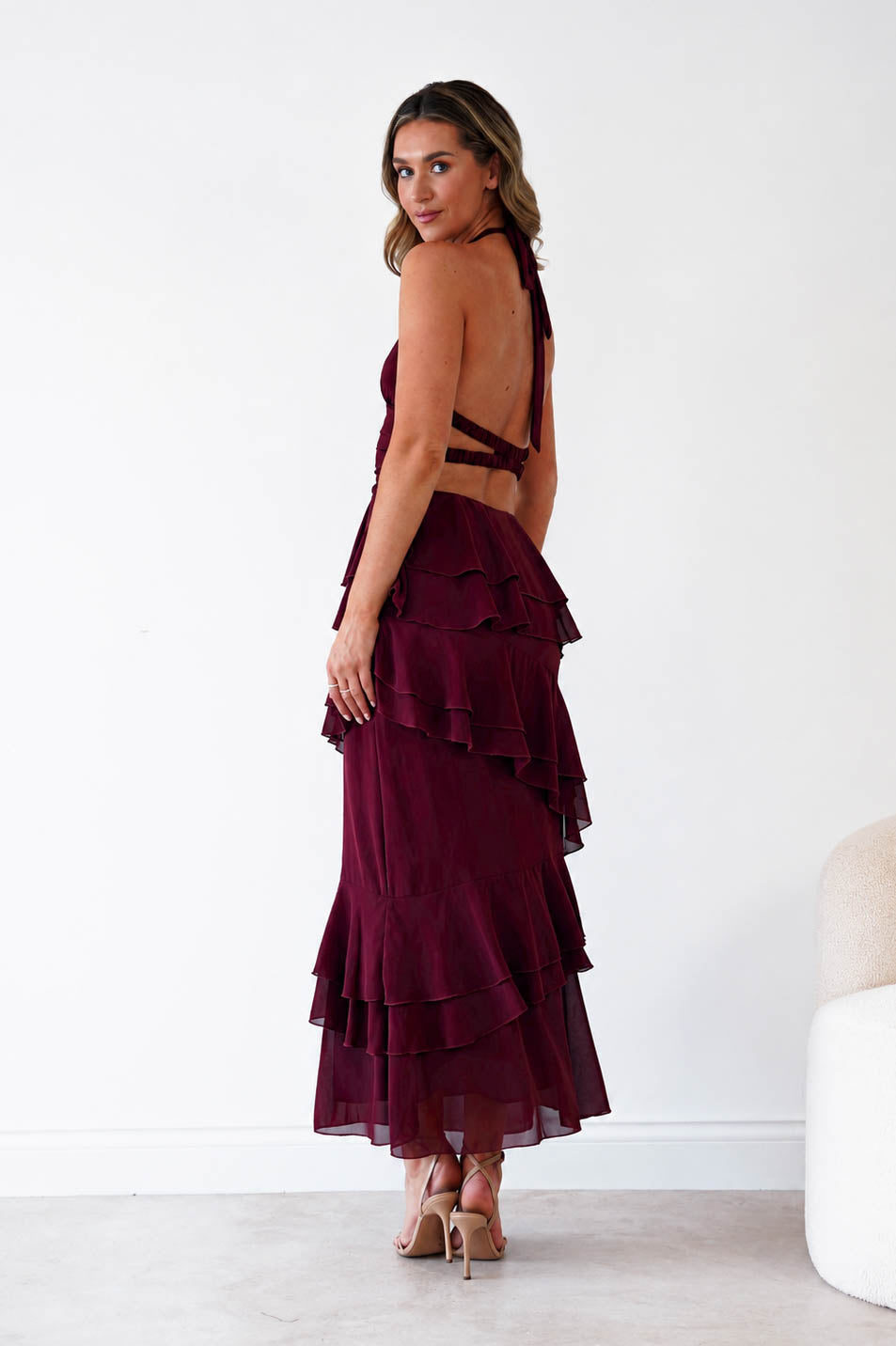 Oh Hello Clothing Women > Clothing > Dresses Caterina Tiered Halter Maxi Dress | Wine