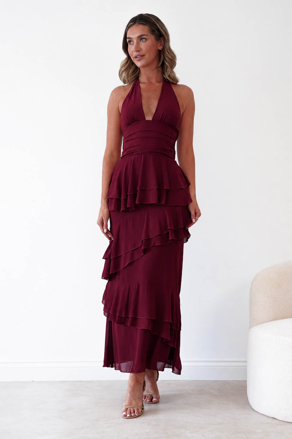 Oh Hello Clothing Women > Clothing > Dresses Caterina Tiered Halter Maxi Dress | Wine