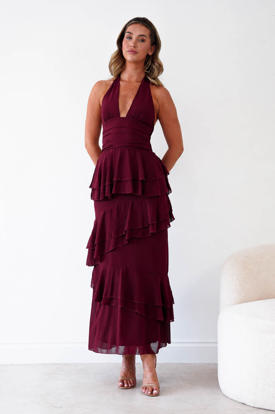Oh Hello Clothing Women > Clothing > Dresses Caterina Tiered Halter Maxi Dress | Wine