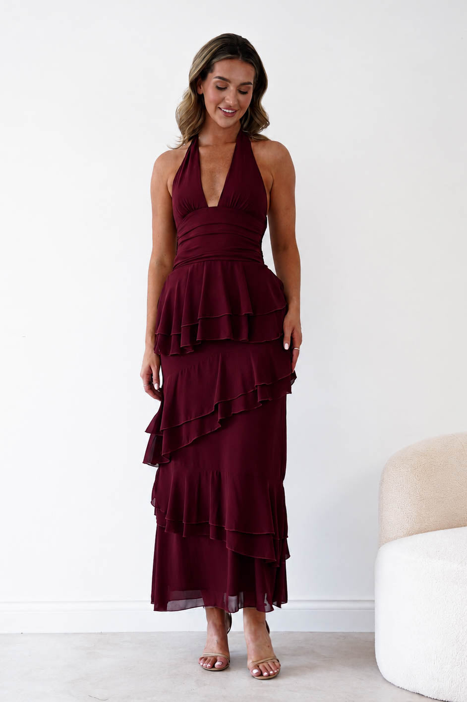 Oh Hello Clothing Women > Clothing > Dresses Caterina Tiered Halter Maxi Dress | Wine