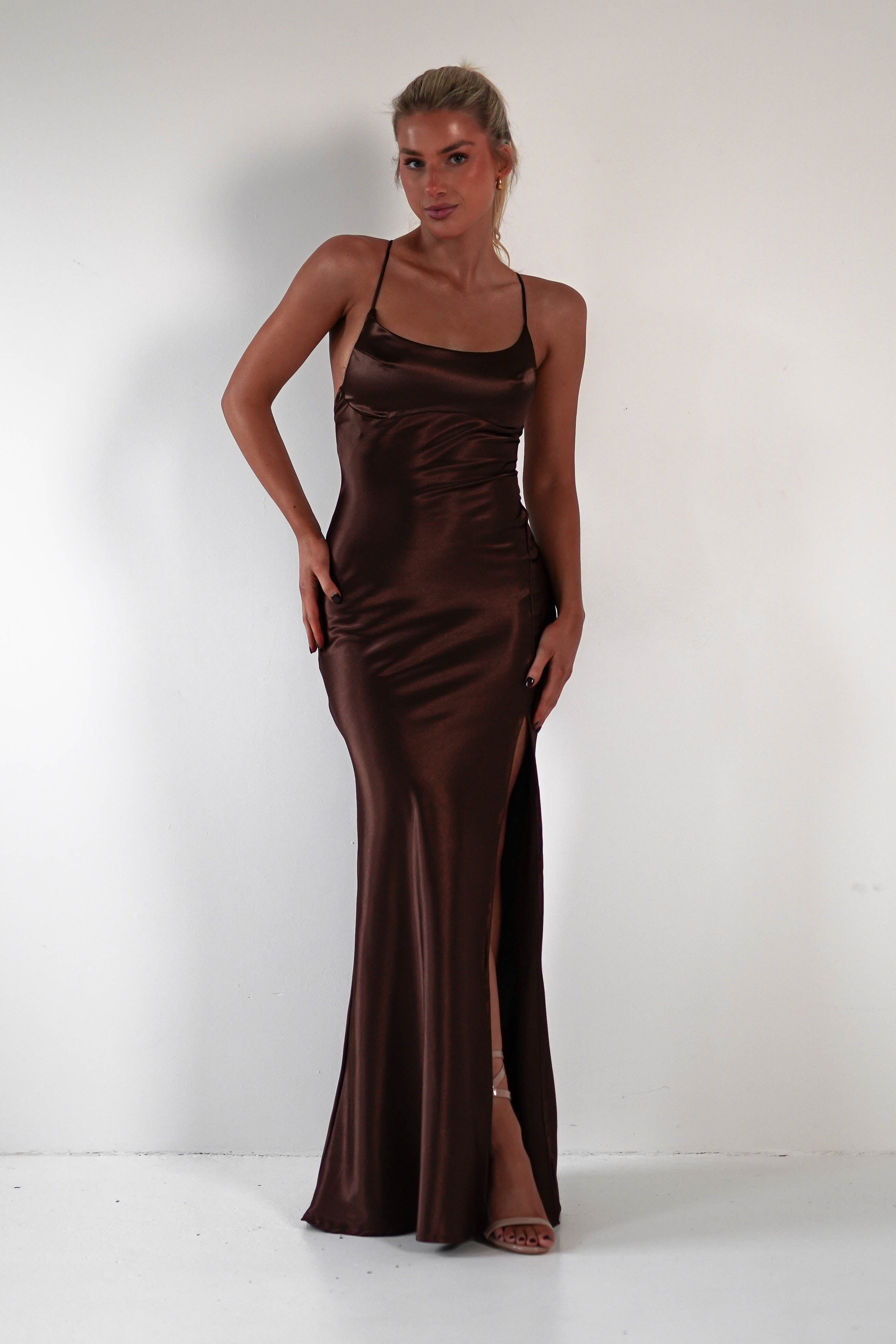 Celinee Satin Maxi Gown | Brown