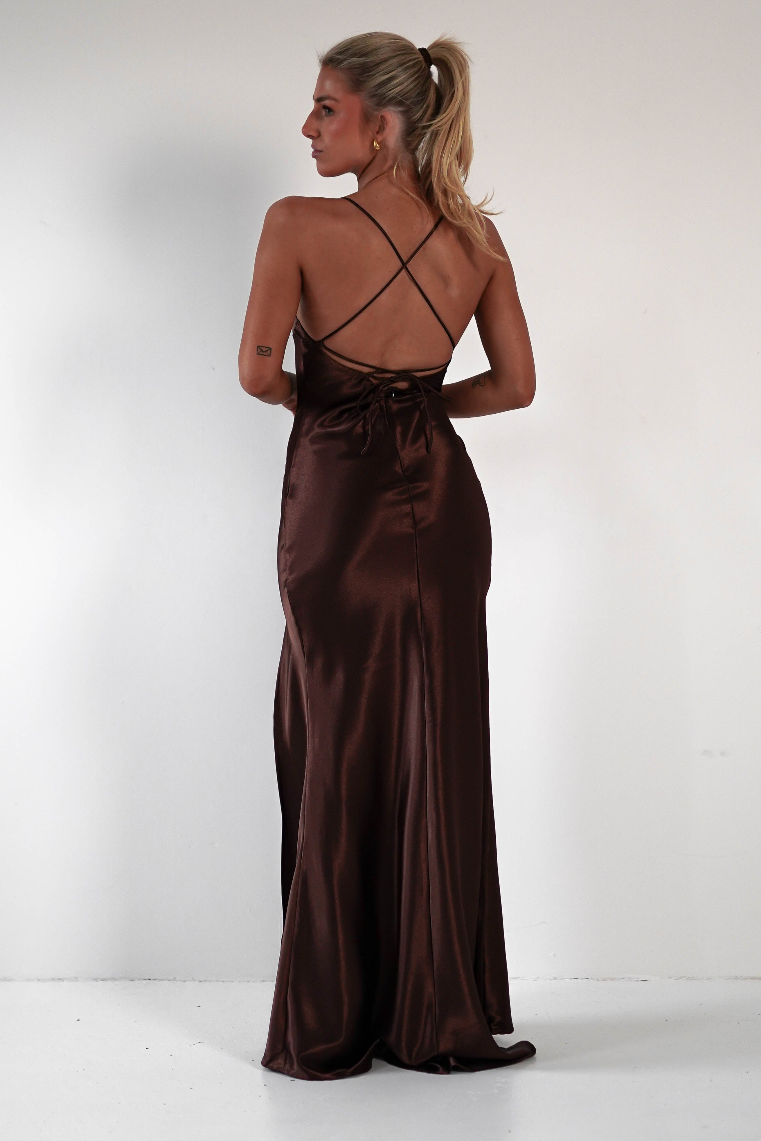 Celinee Satin Maxi Gown | Brown