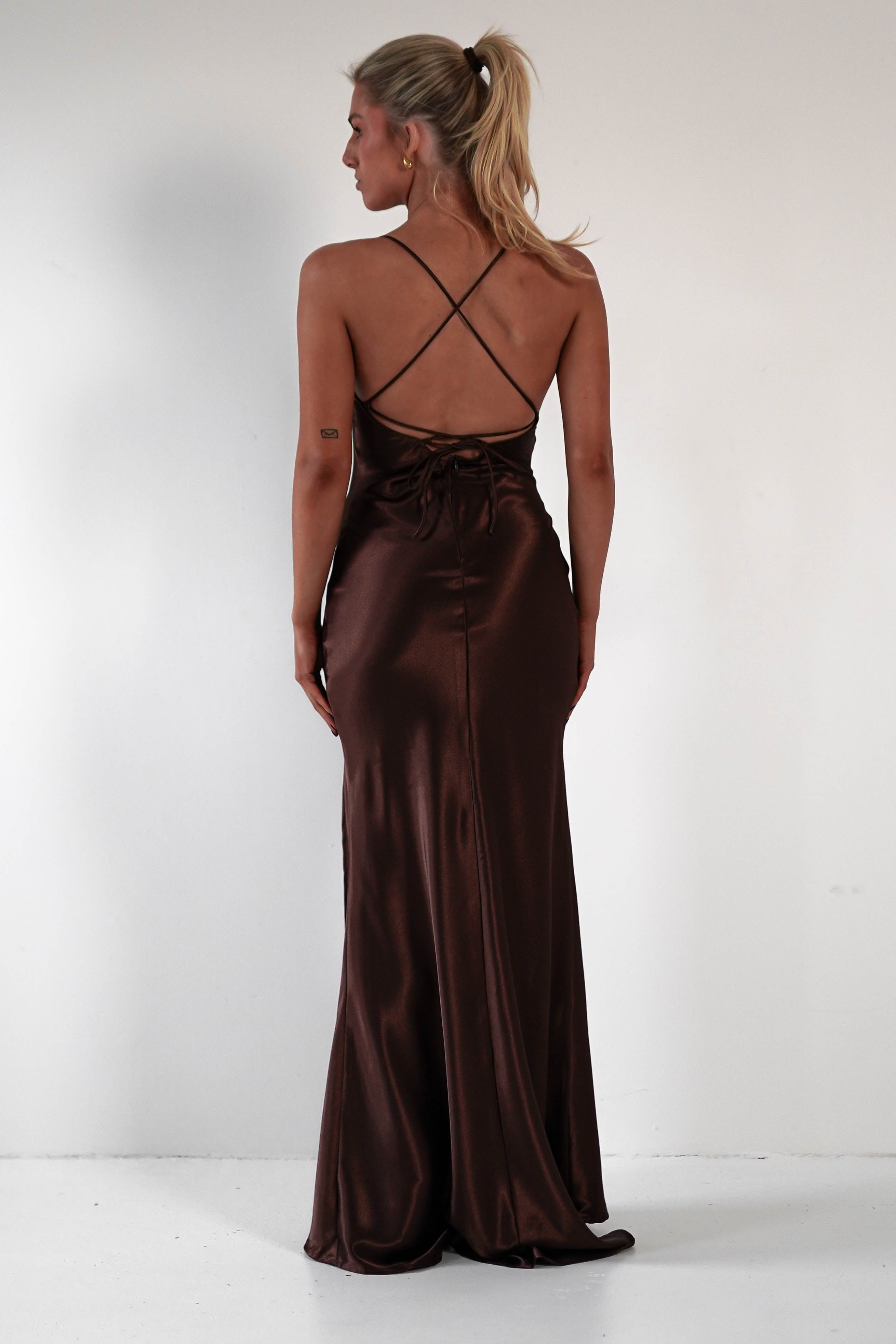 Celinee Satin Maxi Gown | Brown