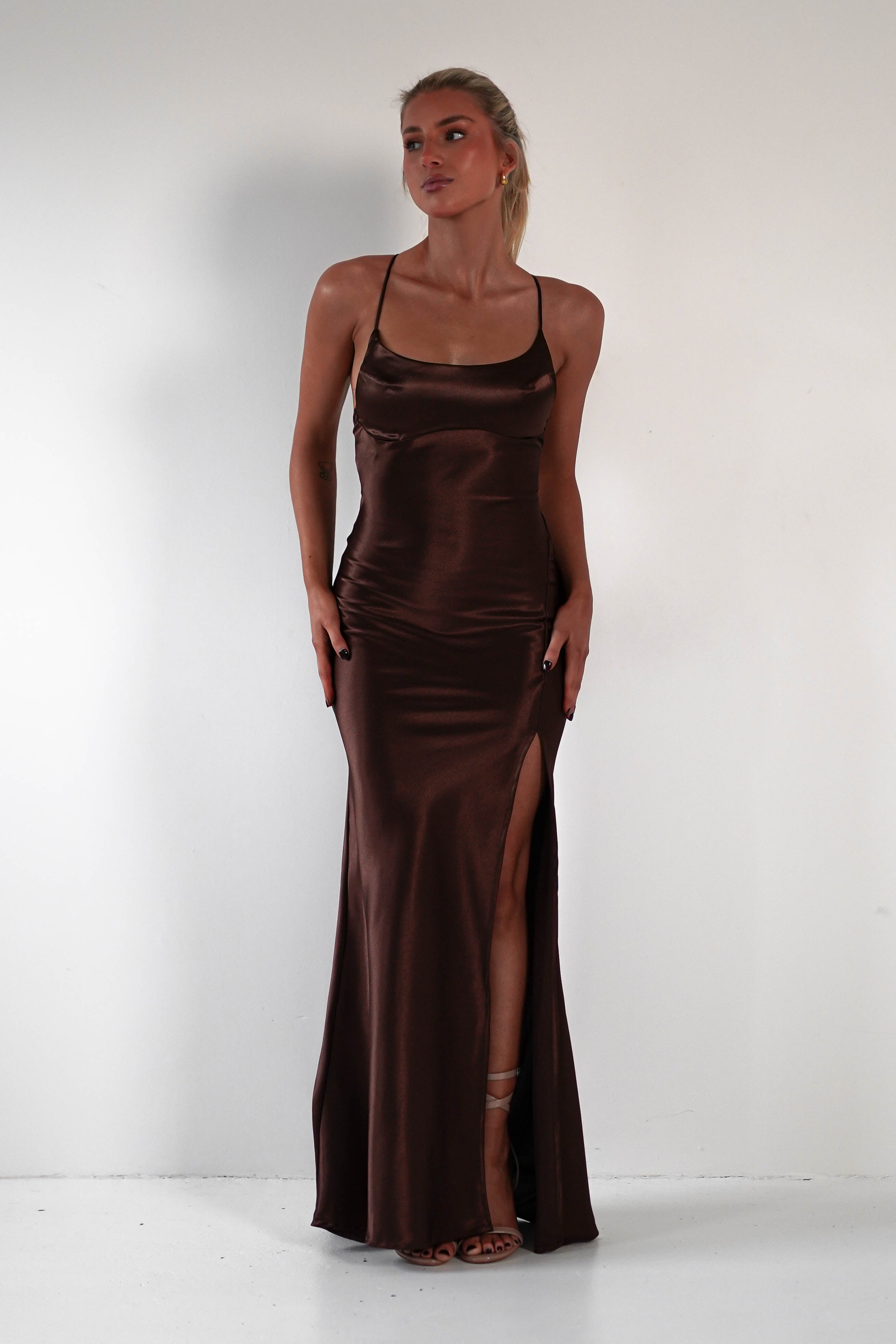 Celinee Satin Maxi Gown | Brown