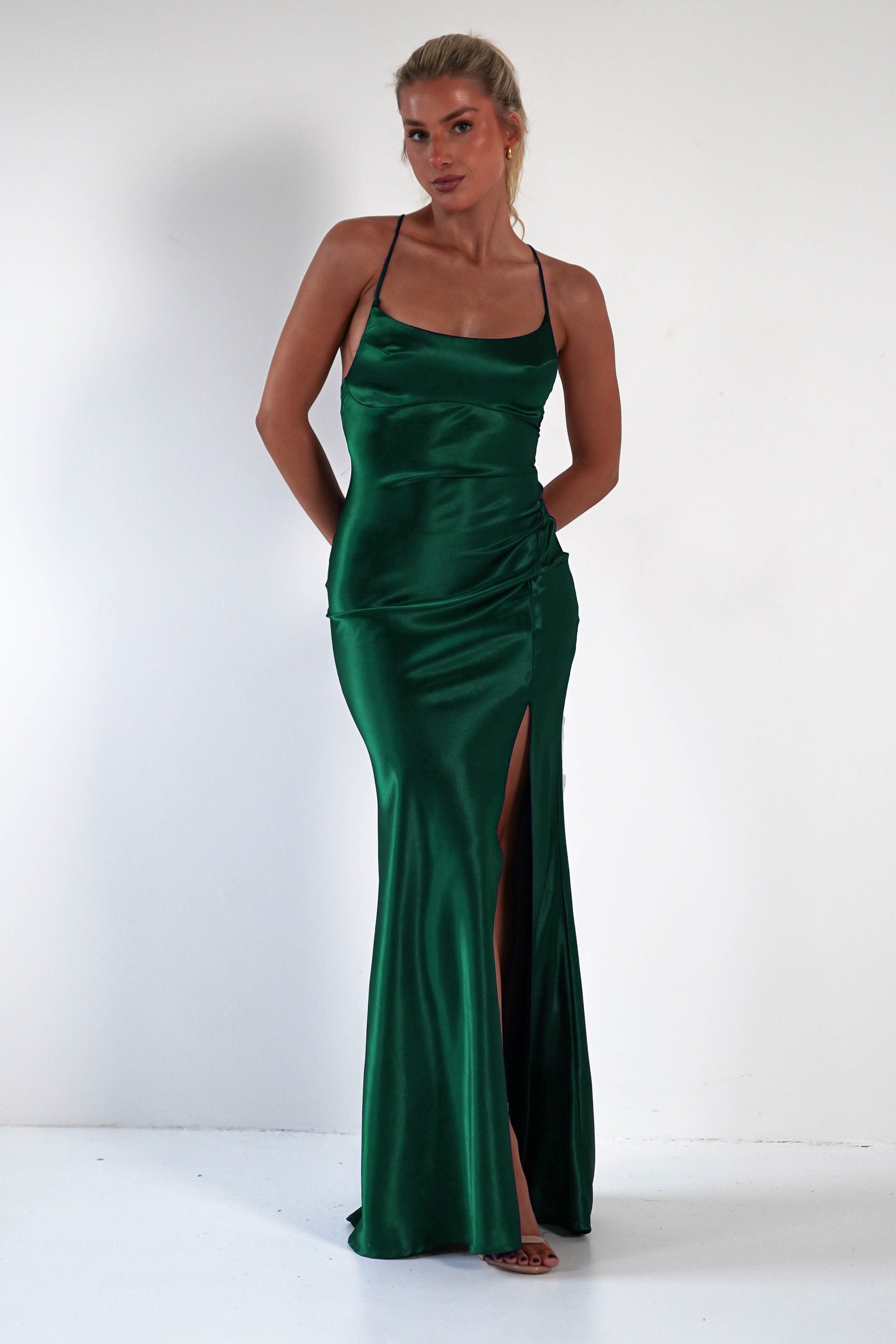 Celinee Satin Maxi Gown | Emerald Green