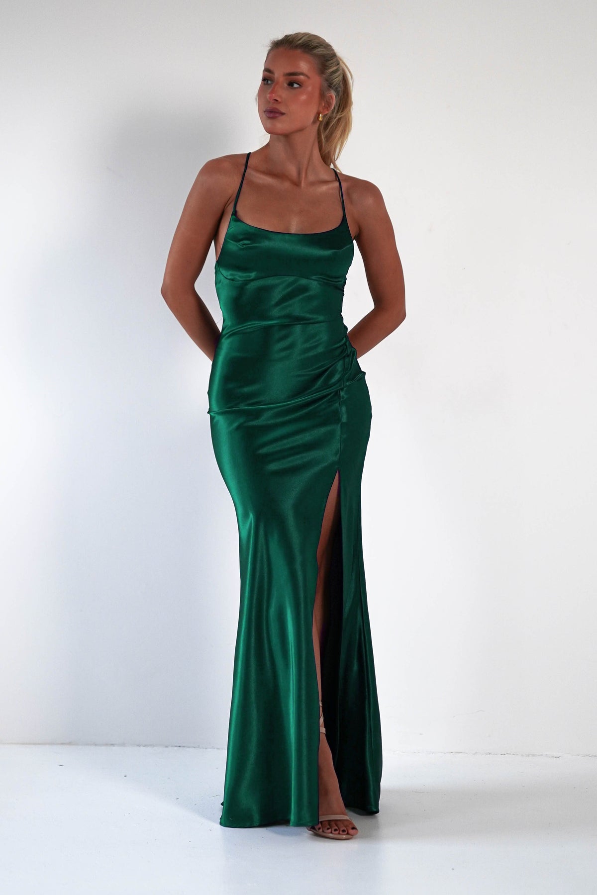 Celinee Satin Maxi Gown | Emerald Green | Debs & Prom