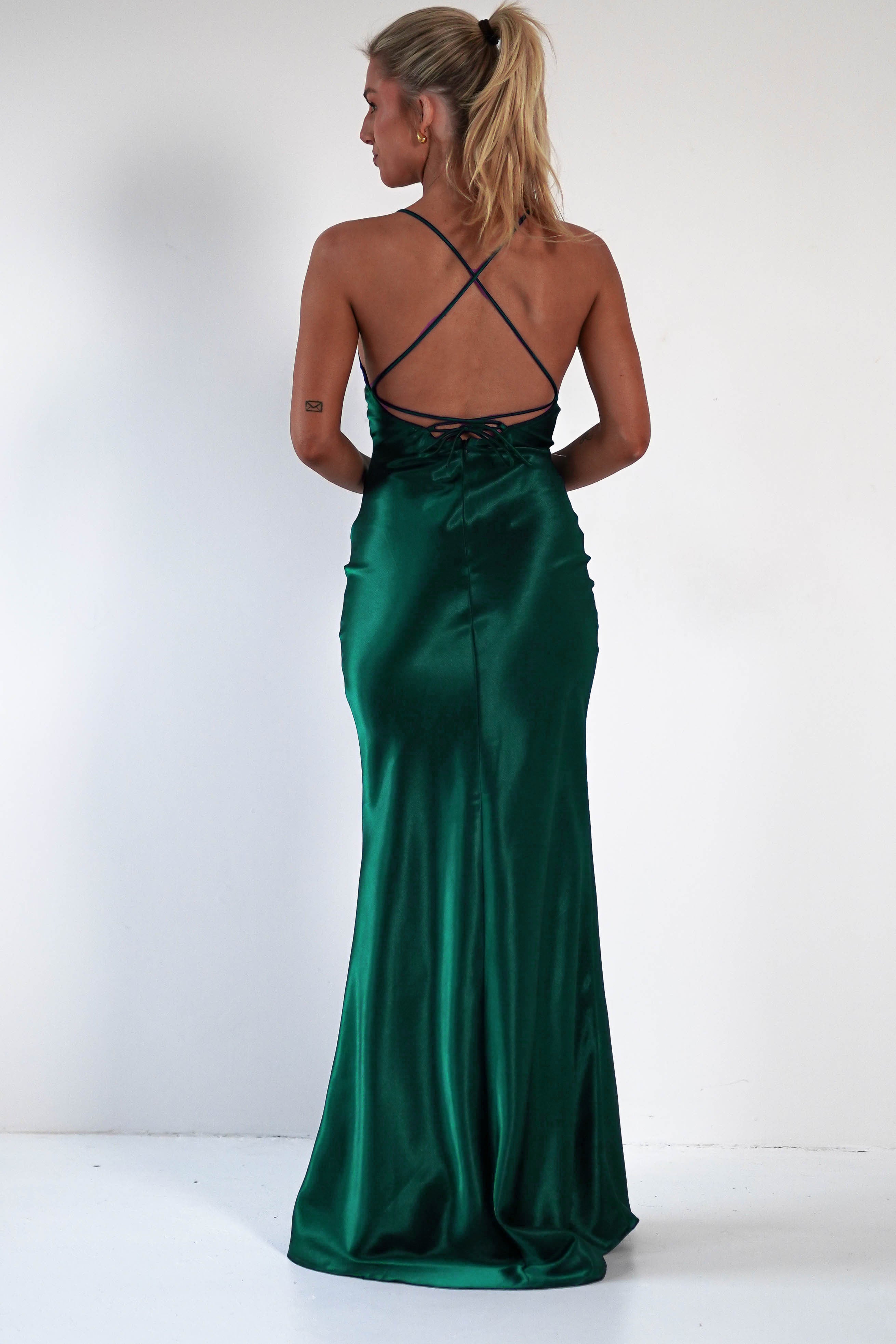 Celinee Satin Maxi Gown | Emerald Green