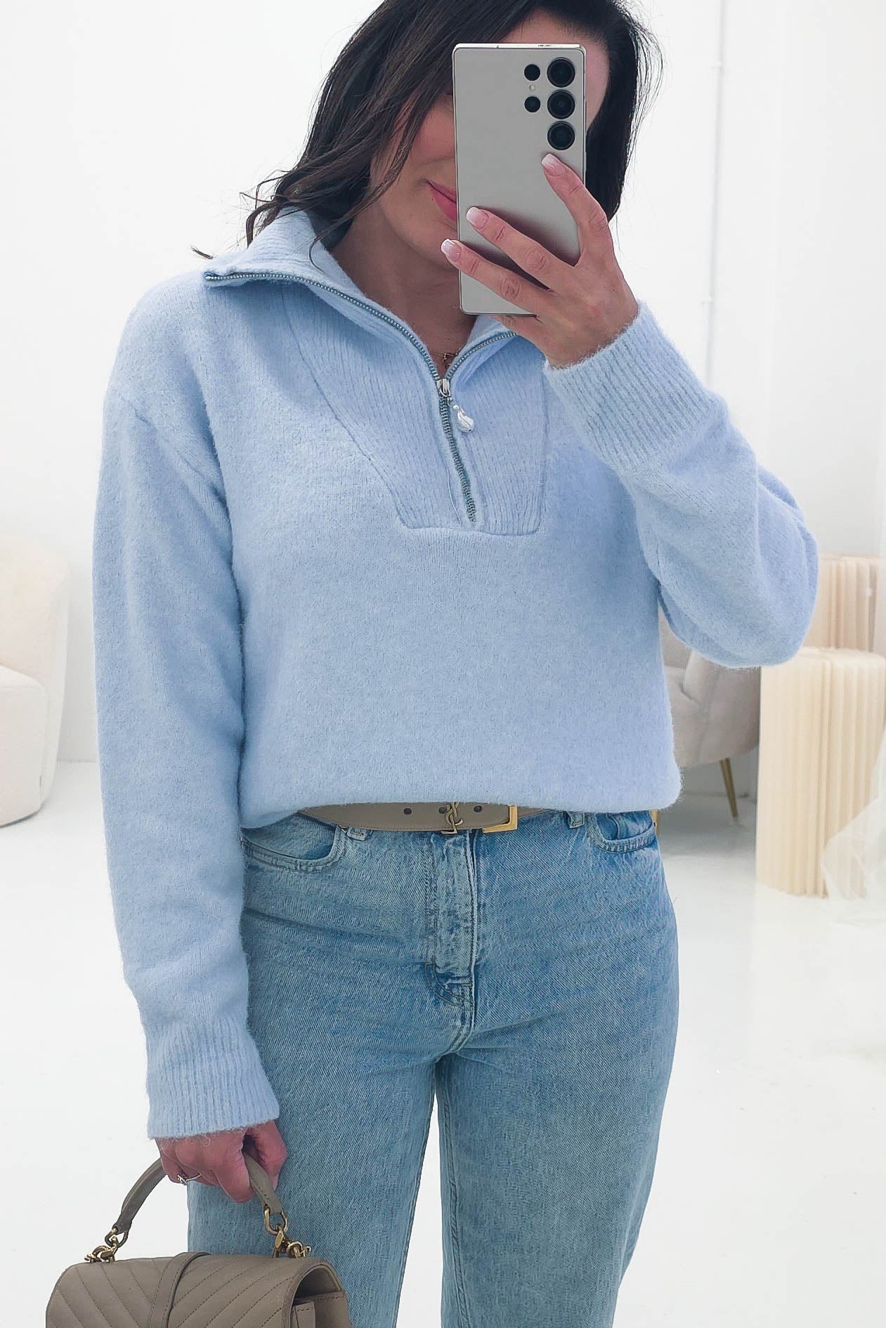 Oh Hello Clothing Women > Clothing > Knitwear ONE SIZE (6/12) Chaney Half Pink Zip Jumper | Blue