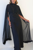 Oh Hello Clothing S (8) Chelle Chiffon Wrap Shawl With Feather Trim | Black