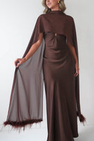 Oh Hello Clothing S (8) Chelle Chiffon Wrap Shawl With Feather Trim | Brown