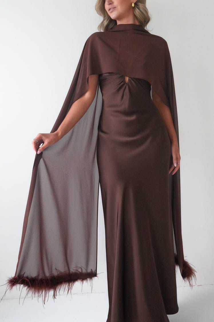 Oh Hello Clothing S (8) Chelle Chiffon Wrap Shawl With Feather Trim | Brown