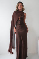 Oh Hello Clothing S (8) Chelle Chiffon Wrap Shawl With Feather Trim | Brown