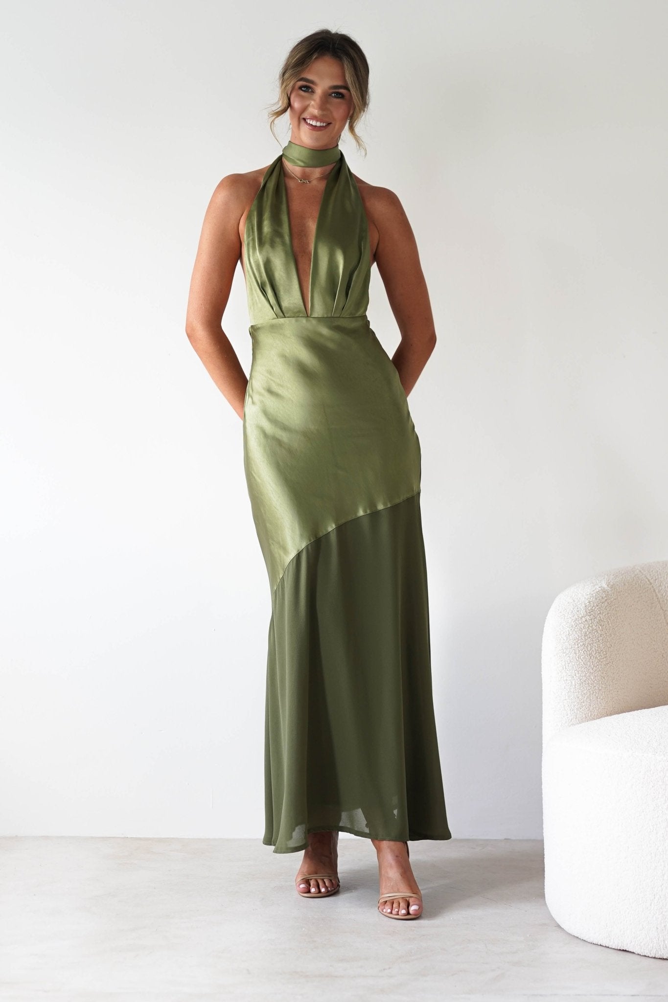 Cheree Silky Halterneck Maxi Dress | Olive | Oh Hello Clothing | XS (6)