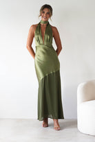 Cheree Silky Halterneck Maxi Dress Olive | Wedding Guest Dress | Halter Neck | Maxi | Oh Hello Clothing