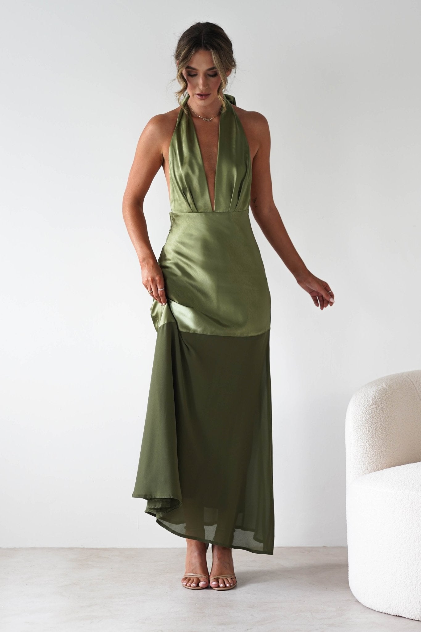 Cheree Silky Halterneck Maxi Dress | Olive | Oh Hello Clothing | XS (6)