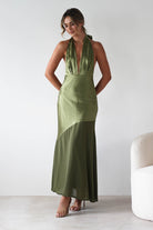 Cheree Silky Halterneck Maxi Dress Olive | Wedding Guest Dress | Halter Neck | Maxi | Oh Hello Clothing