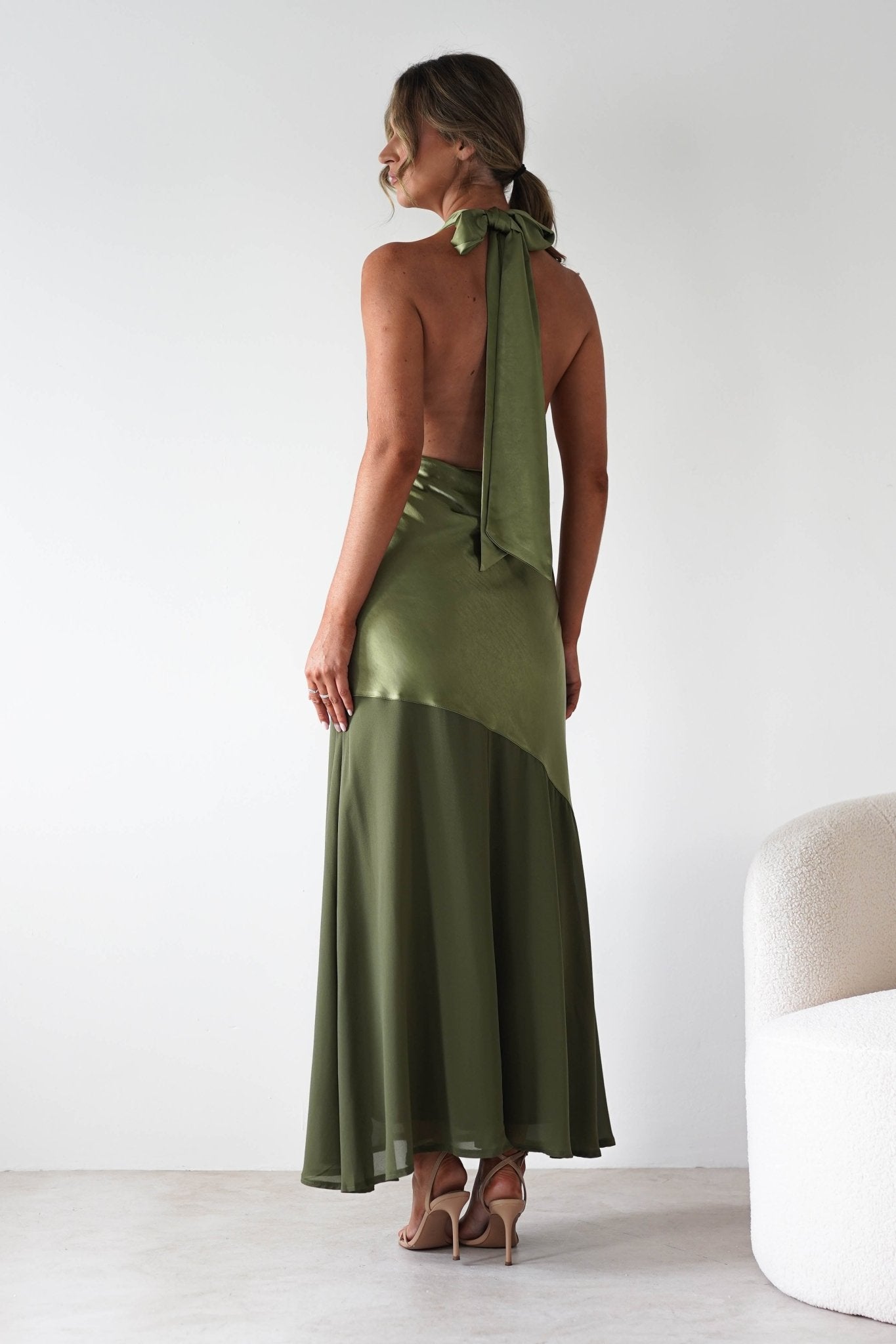 Cheree Silky Halterneck Maxi Dress | Olive | Oh Hello Clothing | XS (6)