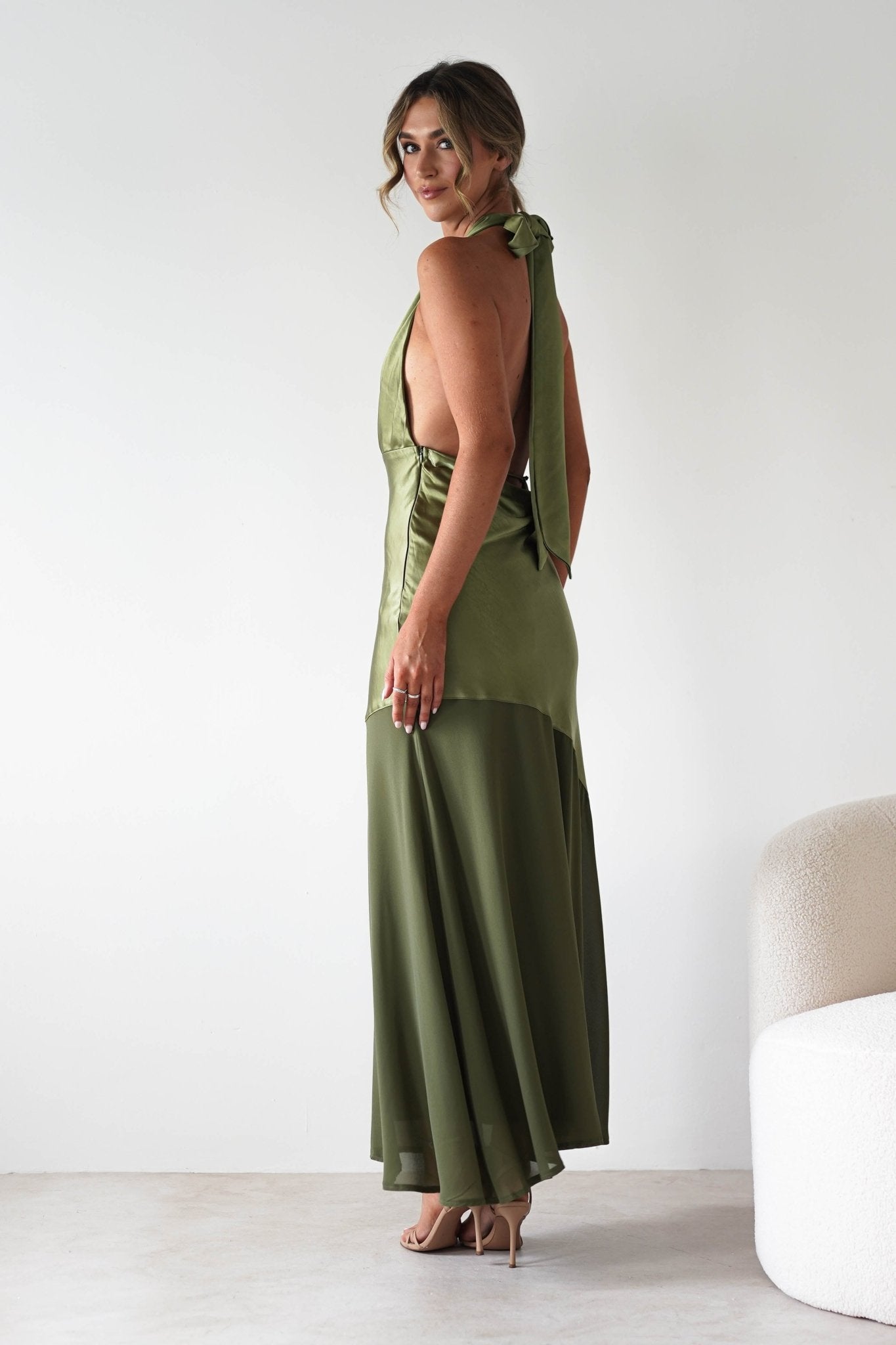 Cheree Silky Halterneck Maxi Dress | Olive | Oh Hello Clothing | XS (6)
