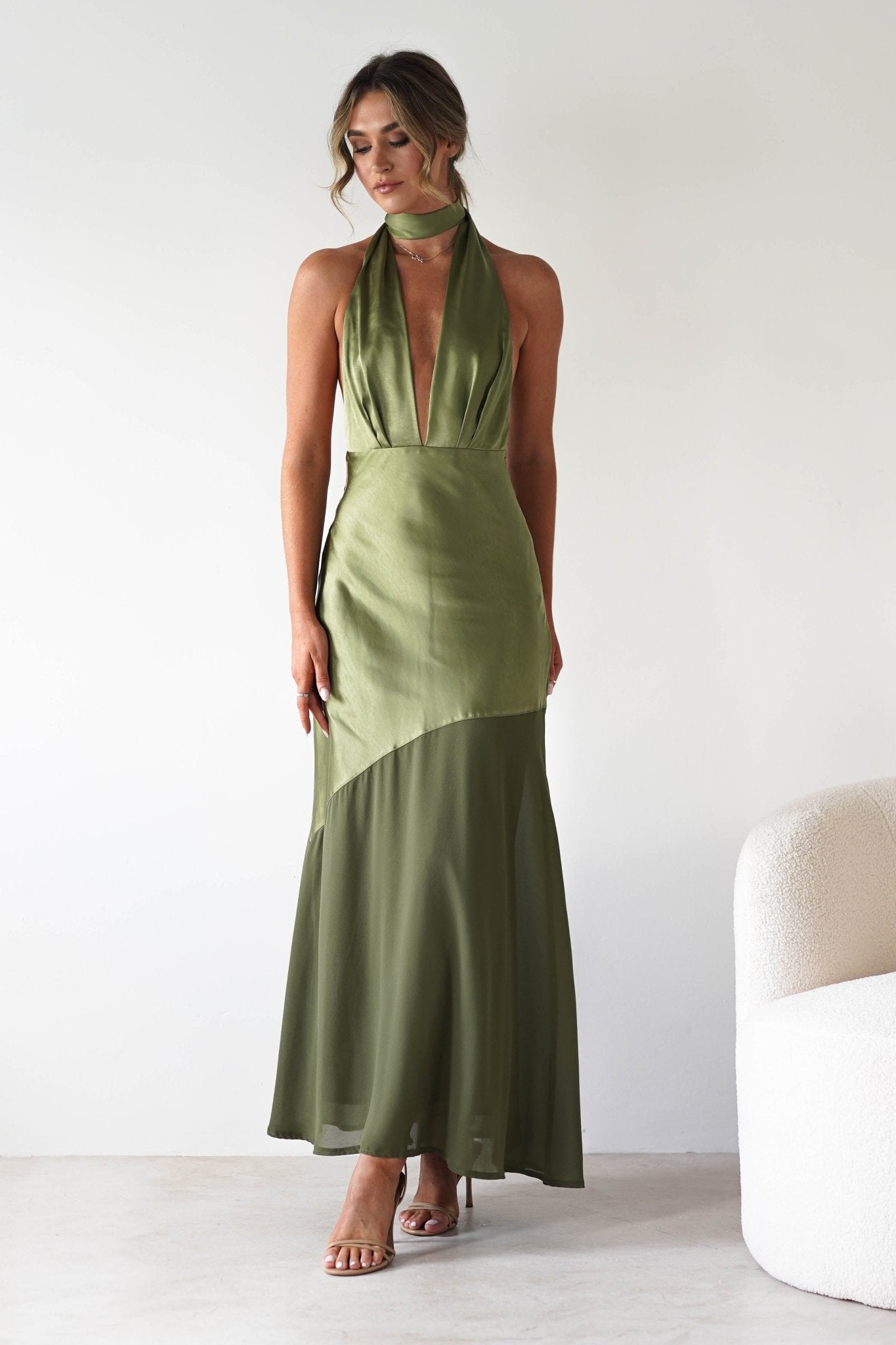 Cheree Silky Halterneck Maxi Dress | Olive | Oh Hello Clothing | XS (6)