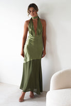 Cheree Silky Halterneck Maxi Dress Olive | Wedding Guest Dress | Halter Neck | Maxi | Oh Hello Clothing