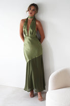 Cheree Silky Halterneck Maxi Dress Olive | Wedding Guest Dress | Halter Neck | Maxi | Oh Hello Clothing