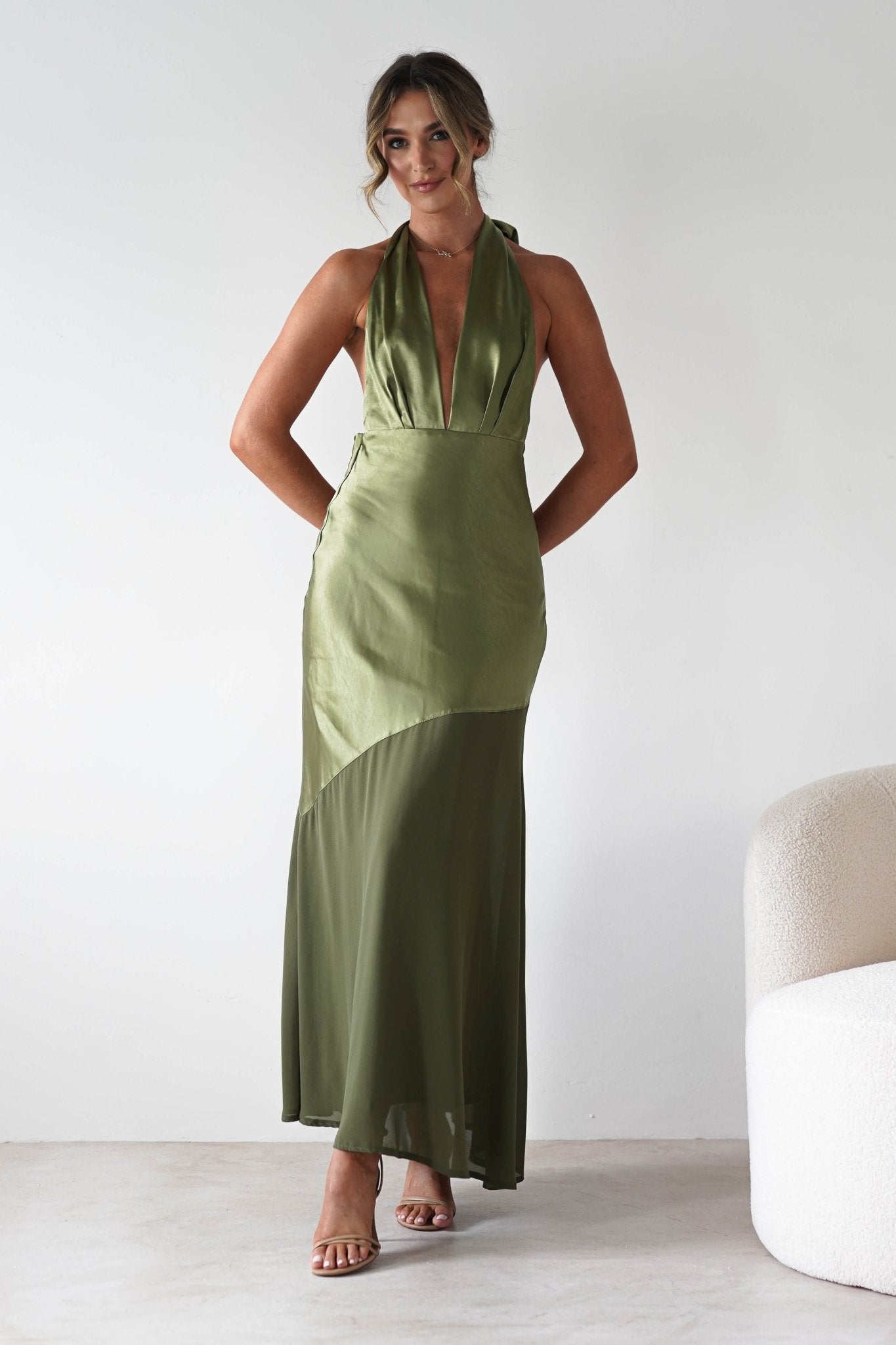 Cheree Silky Halterneck Maxi Dress | Olive | Oh Hello Clothing | XS (6)
