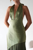 Cheree Silky Halterneck Maxi Dress Olive | Wedding Guest Dress | Halter Neck | Maxi | Oh Hello Clothing