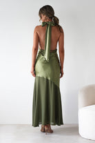 Cheree Silky Halterneck Maxi Dress Olive | Wedding Guest Dress | Halter Neck | Maxi | Oh Hello Clothing