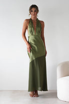Cheree Silky Halterneck Maxi Dress Olive | Wedding Guest Dress | Halter Neck | Maxi | Oh Hello Clothing