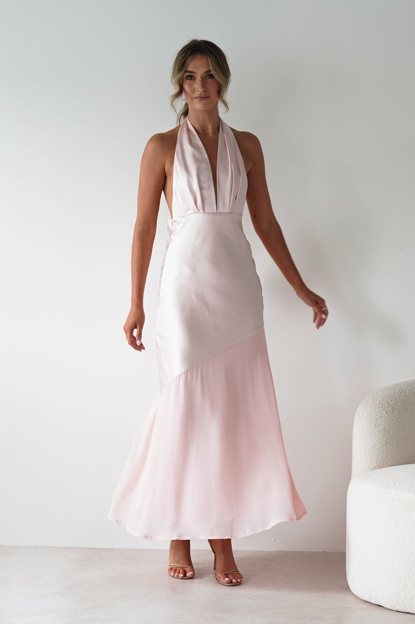 Cheree Silky Halterneck Maxi Dress Pink | Wedding Guest Dress