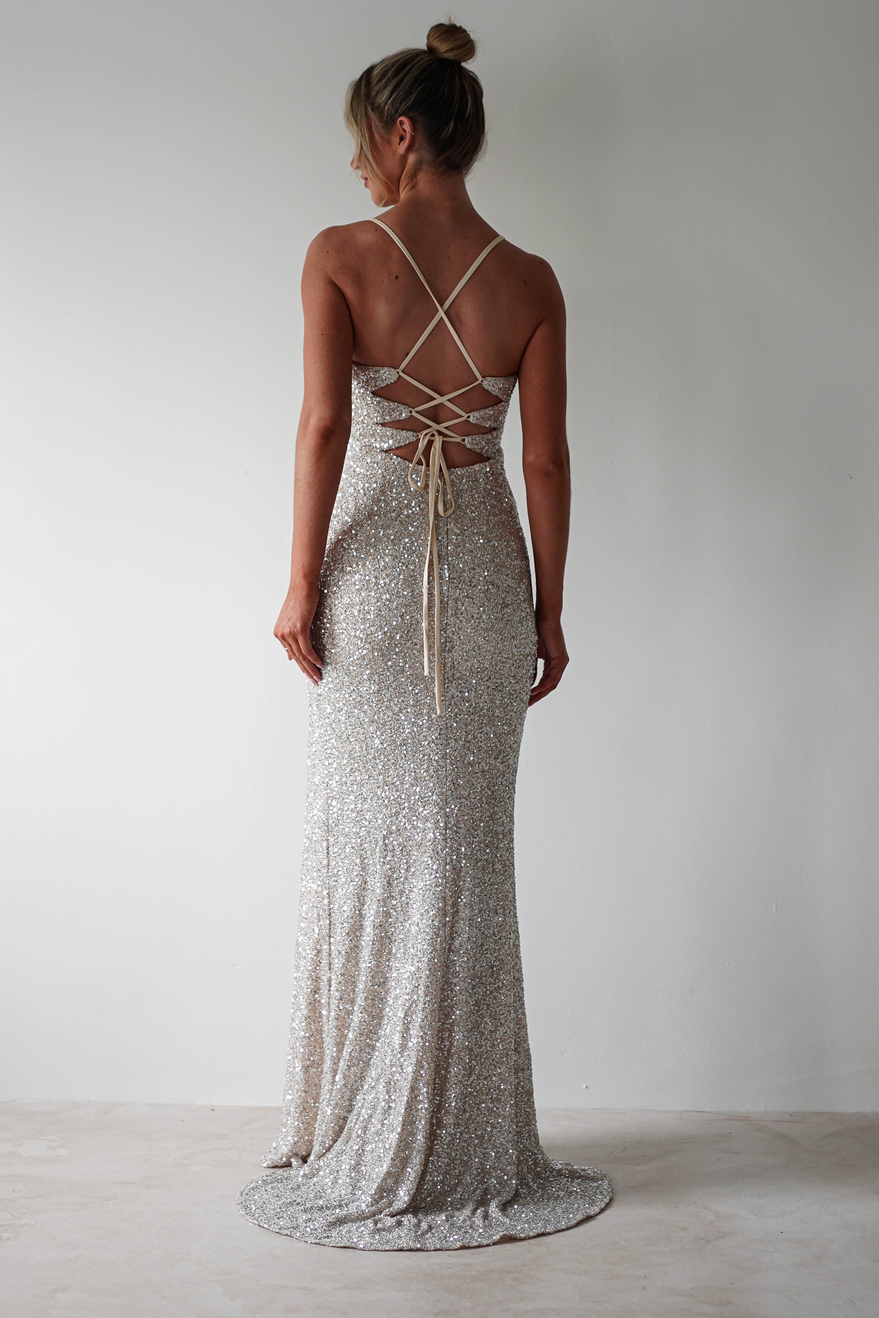 Clarisse Bodycon Sequin Gown | Champagne Silver