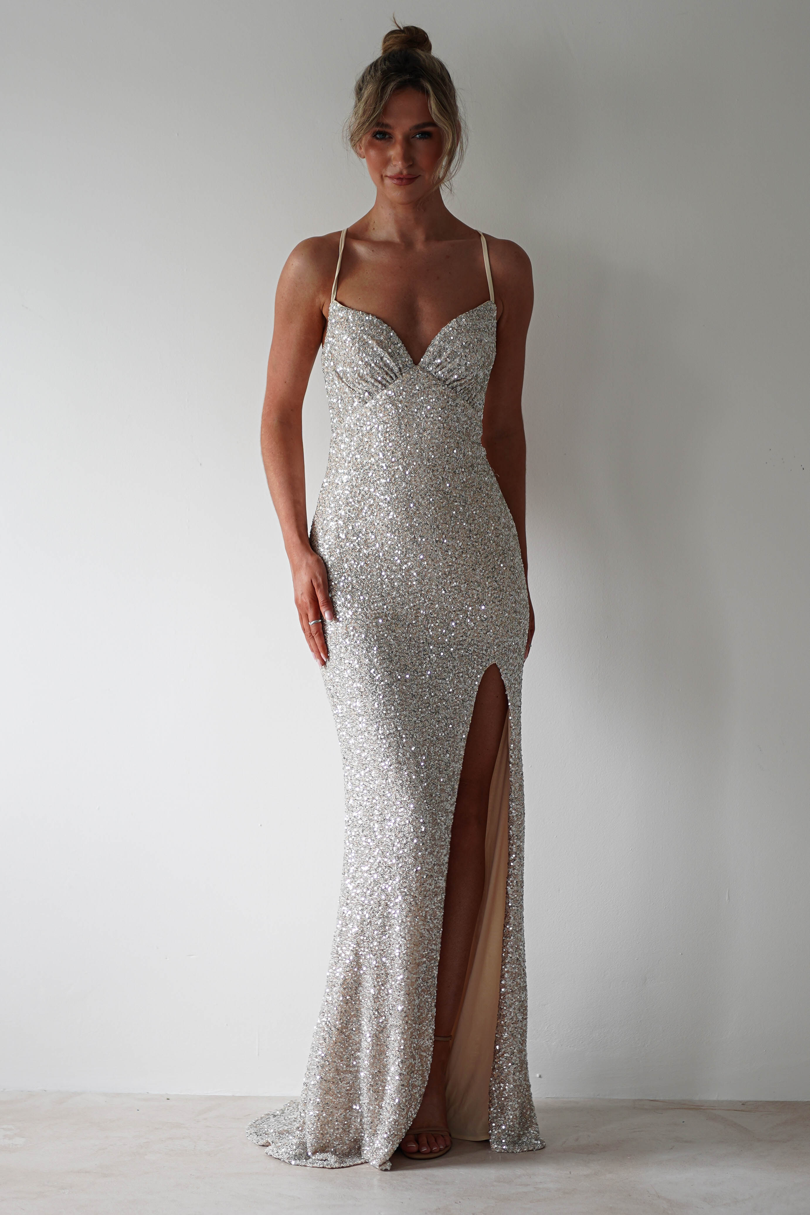 Clarisse Bodycon Sequin Gown | Champagne Silver