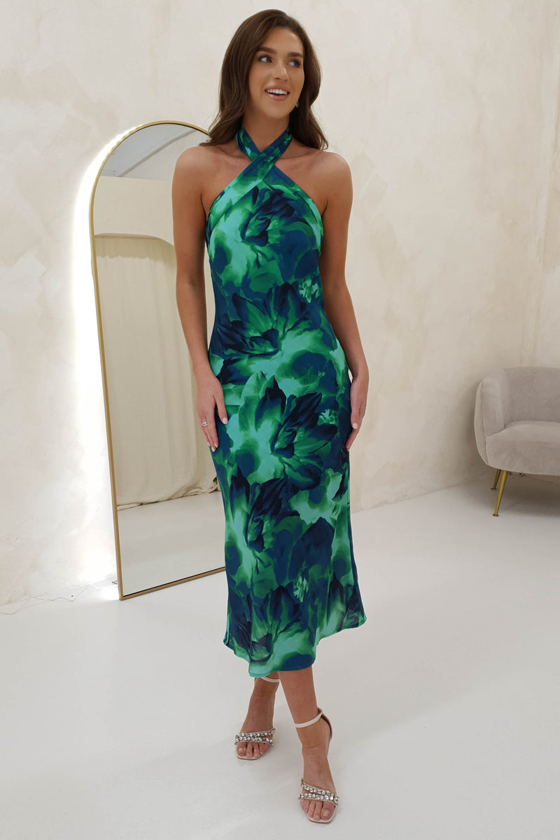 Claudina Halter Neck Midi Dress | Green Print