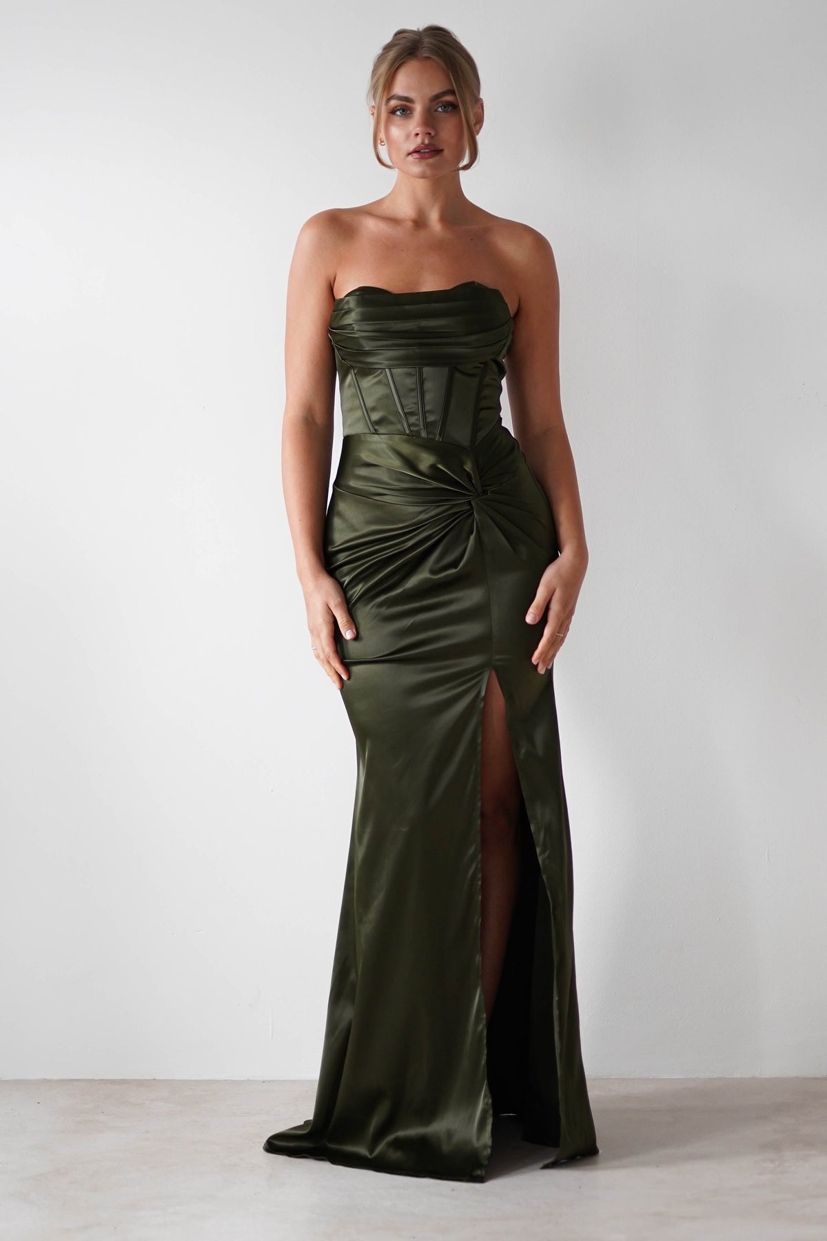Clydee Soft Corset Maxi Gown | Olive | Debs & Prom