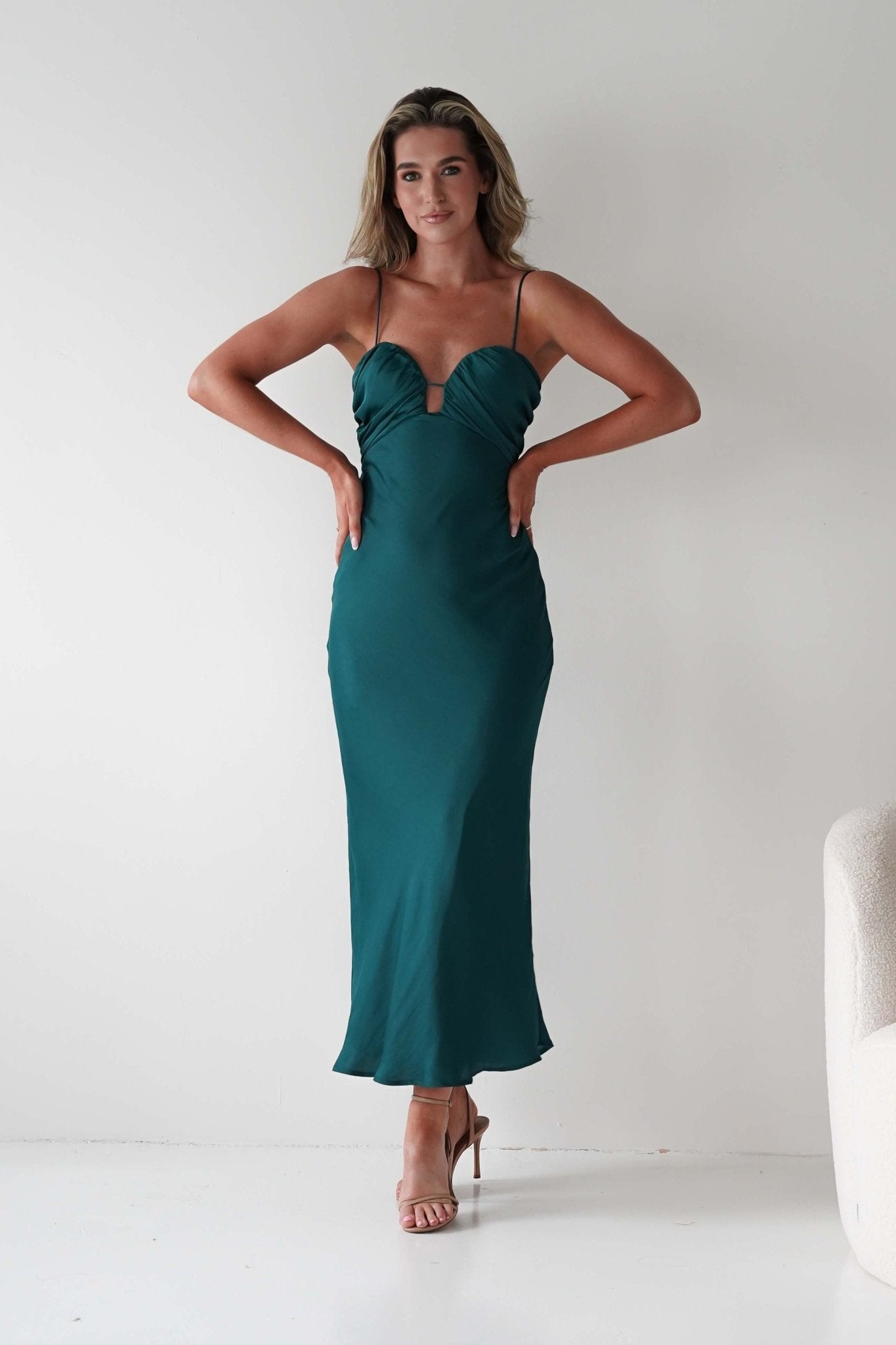Colorado Soft Satin Midi Dress | Emerald Green | Oh Hello Clothing | XS (6)