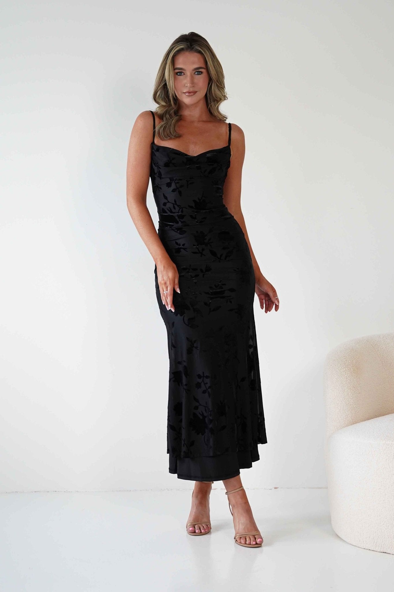 Dahlia Floral Jacquard Maxi Dress Black | Wedding Guest Dress