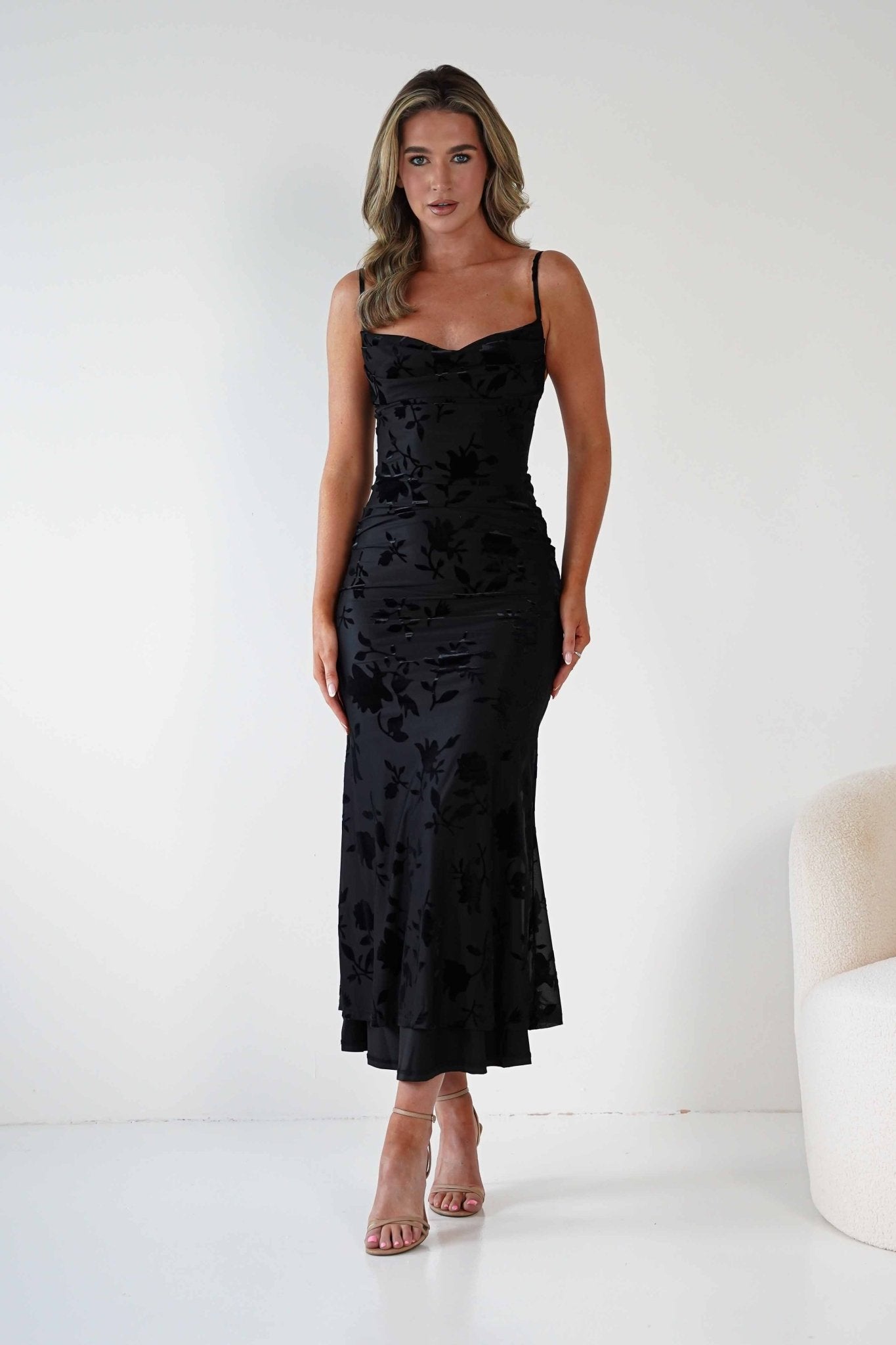 Dahlia Floral Jacquard Maxi Dress Black | Wedding Guest Dress