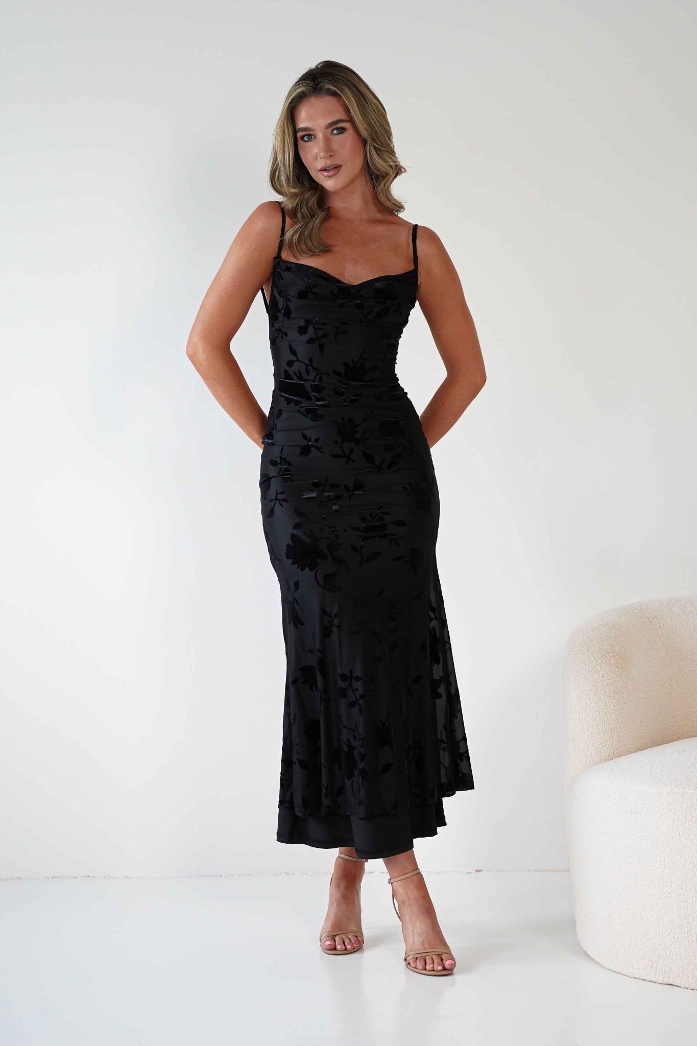 Dahlia Floral Jacquard Maxi Dress Black | Wedding Guest Dress