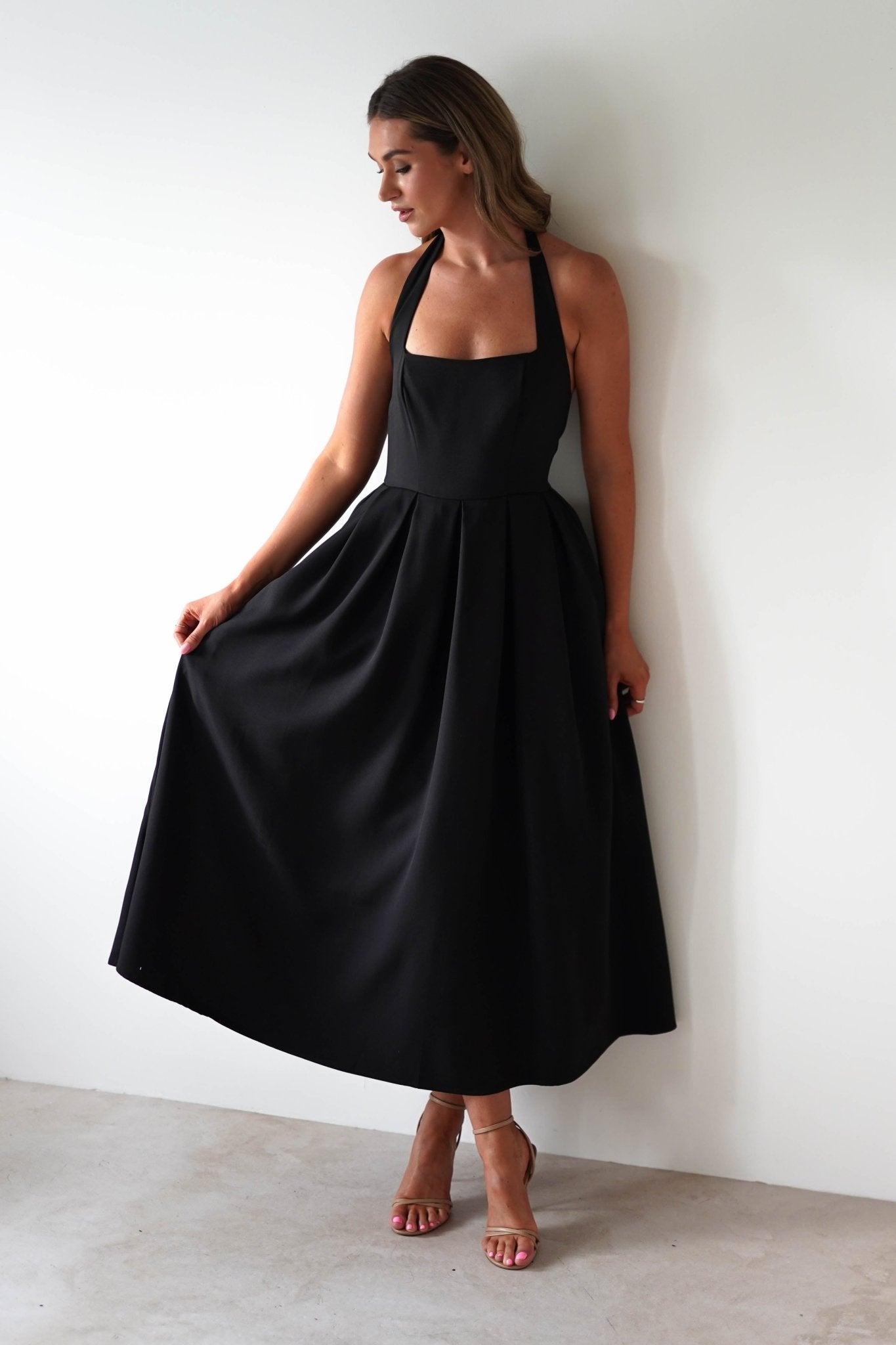 Daria Halter Neck Midi Dress Black | Wedding Guest Dress | Halter Neck