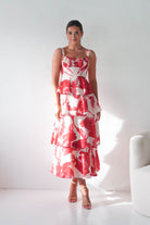 Oh Hello Clothing Women > Clothing > Dresses Denisa Floral Print Ruffle Maxi Dress | Red